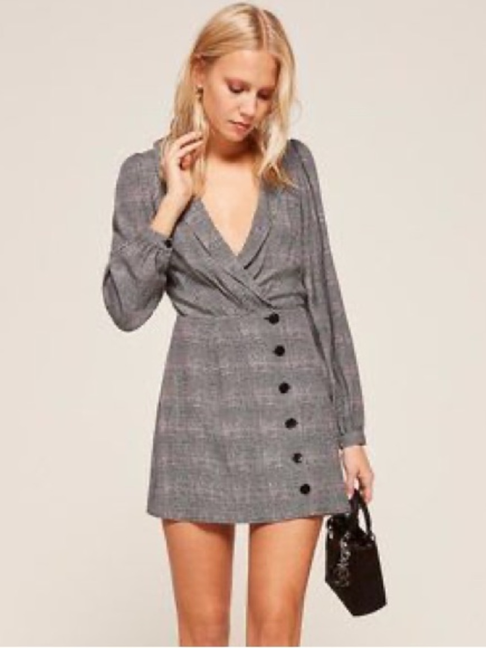 Reformation Woodbury Mini Dress Gray Plaid Long Sleeve Button Front V Neck Sz 2